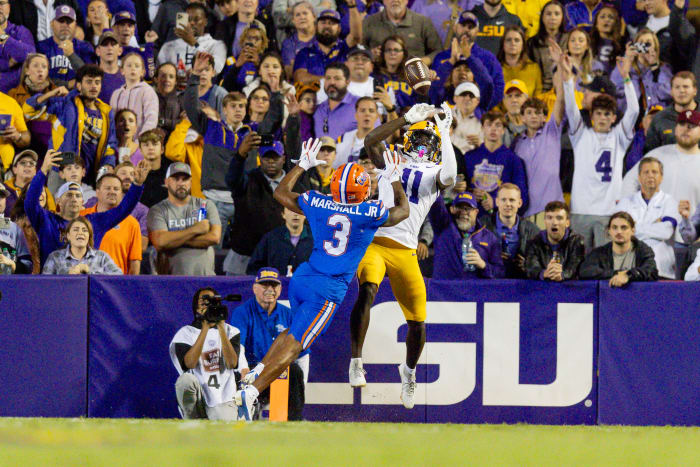 Florida Gators cornerback Jason Marshall Jr. (3) blocks the pass attempt to LSU Tigers wide receiver Brian Thomas Jr. (11) during the second half at Tiger Stadium.